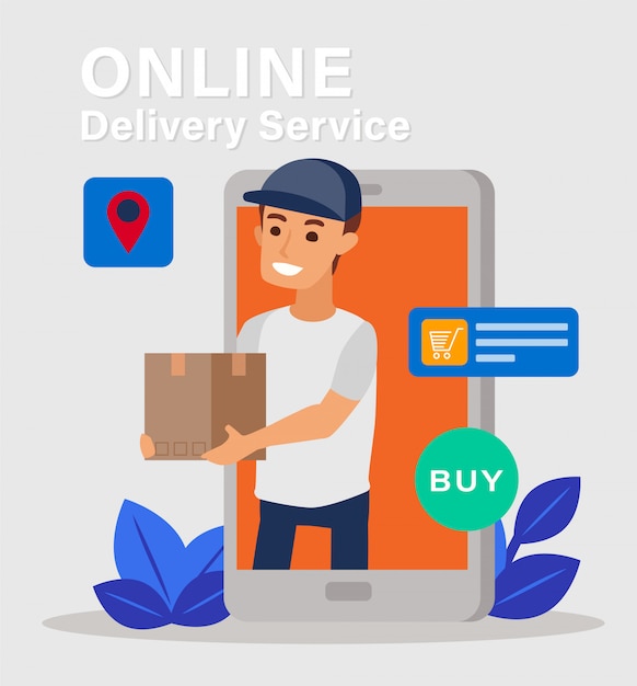 Junger Kuriermann vom Smartphonebildschirm, der Pappkarton lokalisiert auf Hintergrund, Online-Lieferservice-Konzept sendet. Illustration flaches Design. Versand-Service.