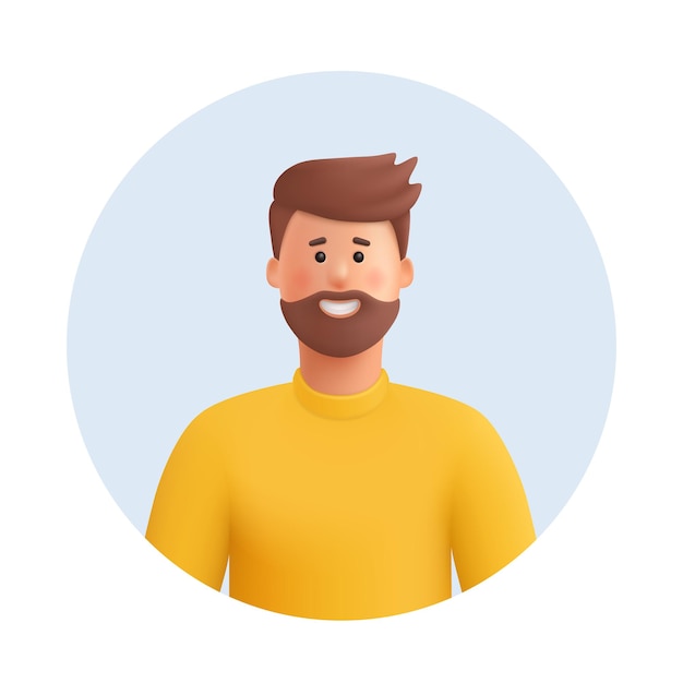 Vektor junger lächelnder mann avatar mann mit braunem bart, schnurrbart und haaren mit gelbem pullover oder sweatshirt 3d-vektor-menschen-charakterillustration cartoon minimaler stil