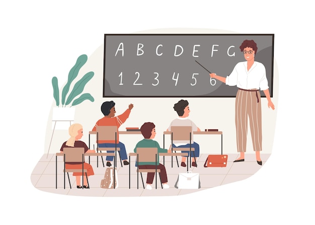 Junger Lehrer mit Zeiger an der Tafel im Klassenzimmer. Grundschulkinder lernen im Klassenzimmer. Farbige flache Vektorillustration von Pädagogen und Schülern isoliert auf weißem Hintergrund.