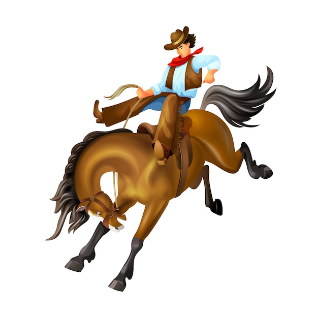 Junger mann, charakter eines cowboy-wild-west-reiters auf einem pferd. reiter auf einem pferd mit einer waffe. cowboy-mann mit lasso auf wilder jagd bei der verfolgungsjagd. cartoon-vektorillustration