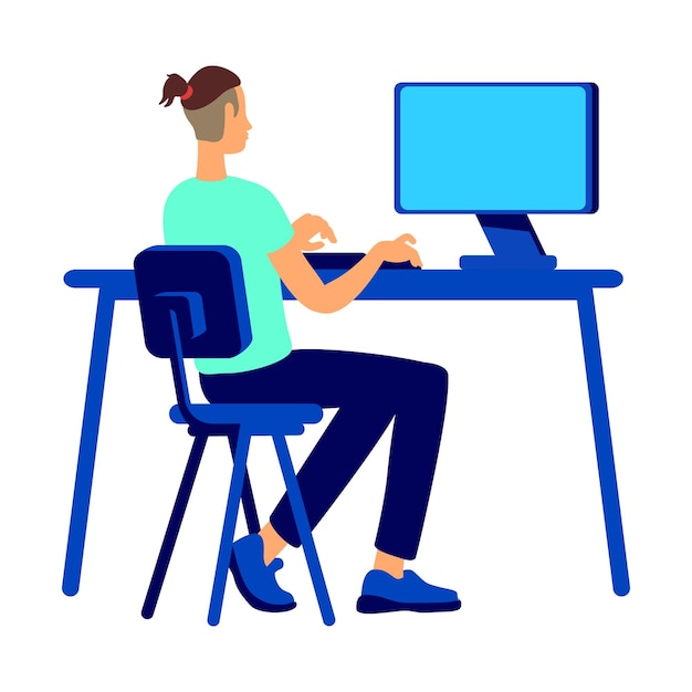 Junger mann, der am computer arbeitet, halbflacher farbvektorcharakter sitzende figur ganzkörperperson auf weiß remote-job einfache cartoon-stil-illustration für webgrafikdesign und animation
