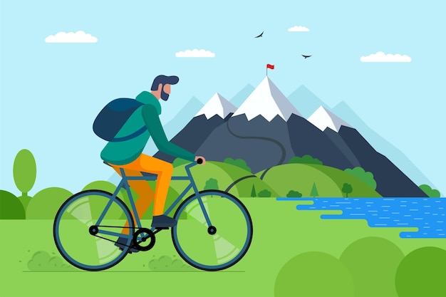 Junger mann, der fahrrad in den bergen reitet. junge radfahrertourist mit rucksack auf fahrradreisen in der natur. aktive erholung des männlichen radfahrers auf hügelsee und -wald. fahrradtour touring-vektor-eps-illustration