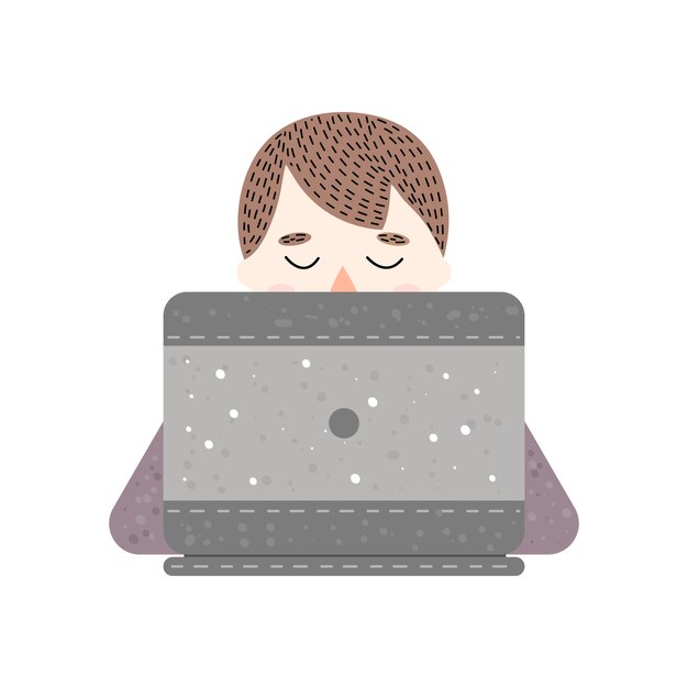 Junger Mann der Karikatur, der an einem Laptop arbeitet.