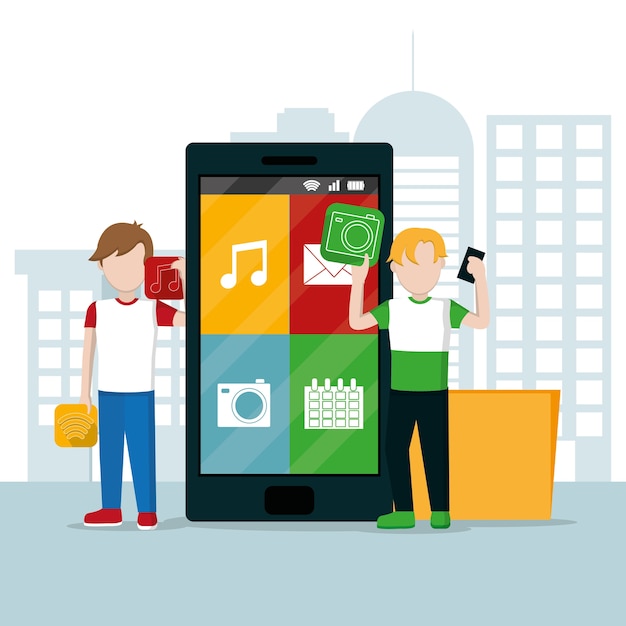 Junger Mann, der Smartphone apps an der Stadt verwendet