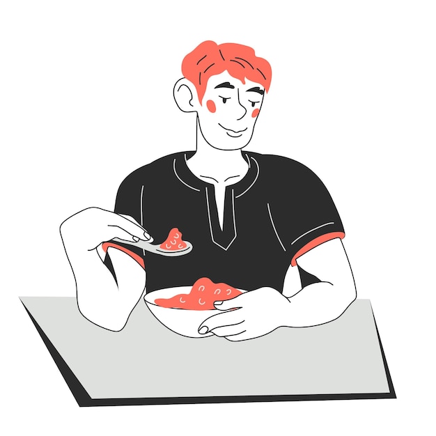 Junger Mann isst gesundes Essen am Tisch Cartoon-Vektor-Illustration isoliert