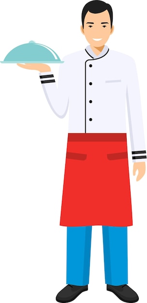 Junger netter lächelnder stehender Mann-Kellner, der eine Cloche-Ikone in der flachen Art-Vektor-Illustration hält