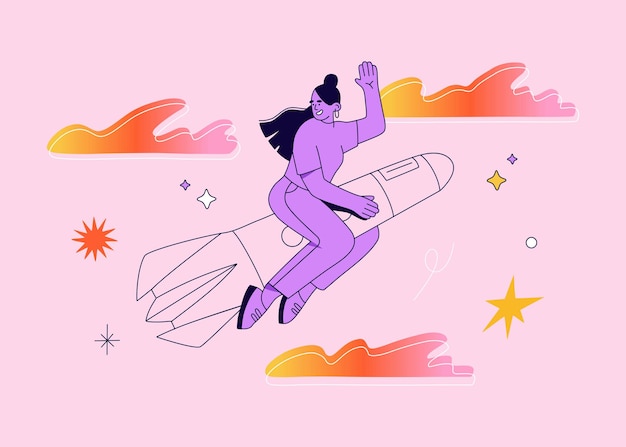 Junges mädchen, das auf die rakete im himmel fliegt. geschäftsfrau strebt ein ziel an. gründung und entwicklung von start-ups. handgezeichnete vektor-illustration auf lila hintergrund isoliert. moderner flacher cartoon-stil.