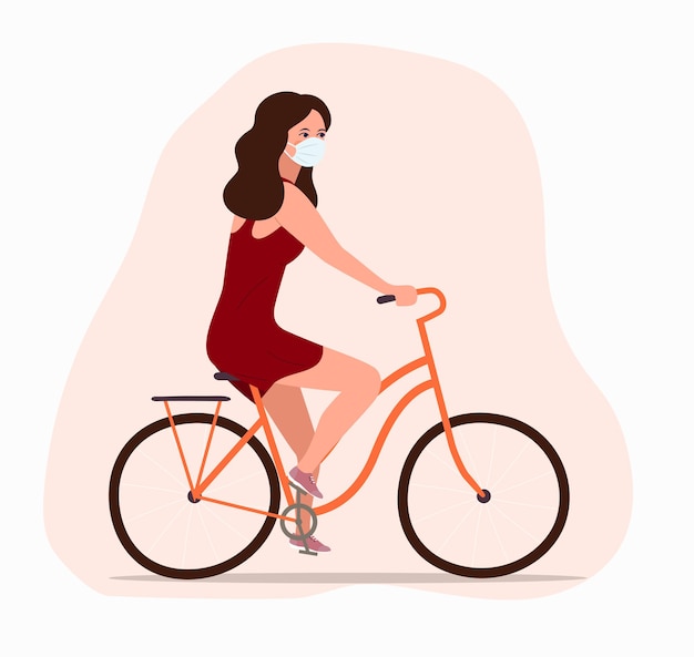 Junges mädchen in der gesichtsmaske auf fahrradseitenprofilansicht lokalisiert. flache illustration.