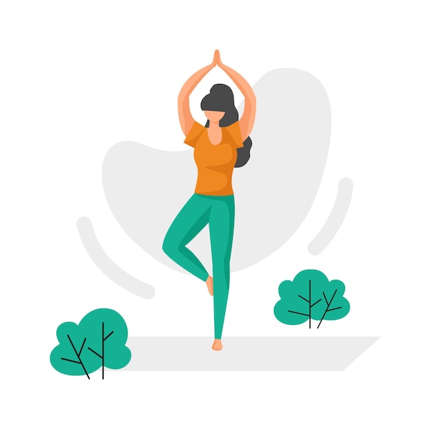 Junges Mädchen macht Yoga-Asanas. Niedliche Frau trainiert im Park. Outdoor-Gymnastik-Workout. Isolierte glückliche athletische Frau, die in Übungs-Balance-Position steht. Aktive Erholung. Vektor-Sportaktivität