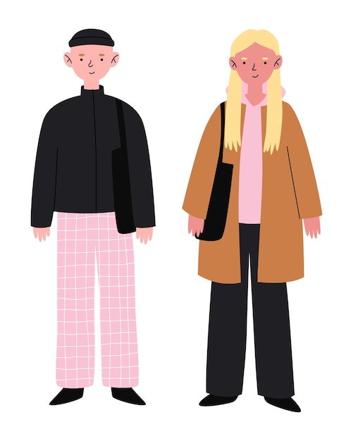 Junges mädchen und junge in warmer kleidung und hut herbst- und winter-streetstyle generation z-charakter modernes mode-outfit