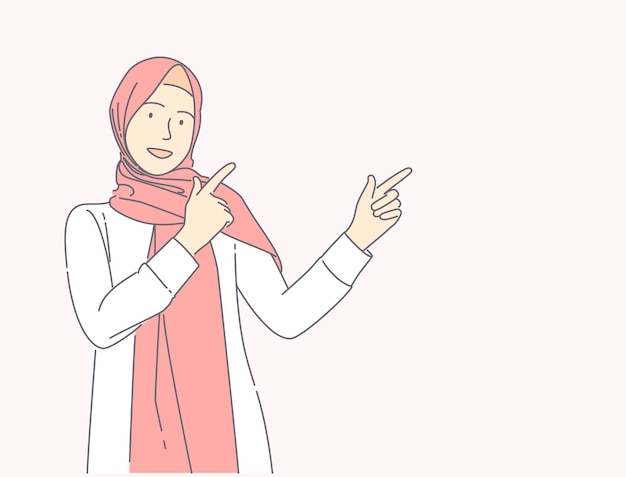 Junges muslimisches mädchen, das hijab über lokalisiertem rosa hintergrund zeigt, der fingerhand gezeichnete illustrationskonzept zeigt.