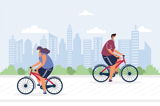 Junges Paar, das Fahrrad trägt, das medizinische Maskenillustration trägt