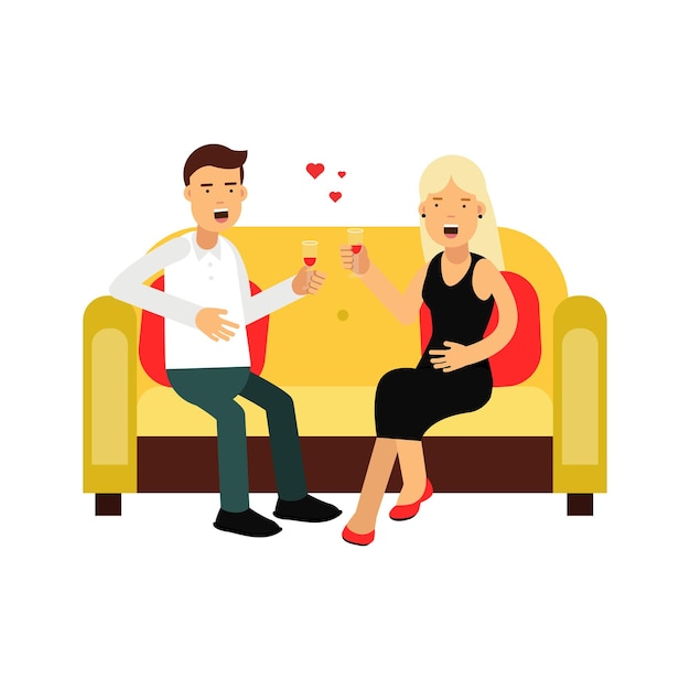 Junges paar in der liebe sitzt auf einem sofa-vektor-illustration isoliert auf weißem hintergrund