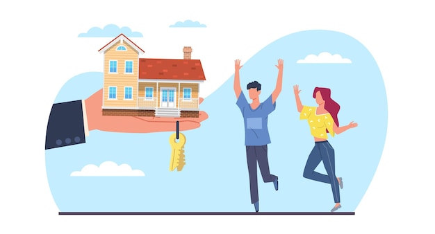 Junges Paar Mann und Frau bekommen ein Haus mit Schlüssel von einem Immobilienmakler Kauf einer Immobilie Familie und Immobilienmacher Hand Hypothekendarlehen bei der Bank Cartoon-Flat-Stil isolierter Vektorkonzept