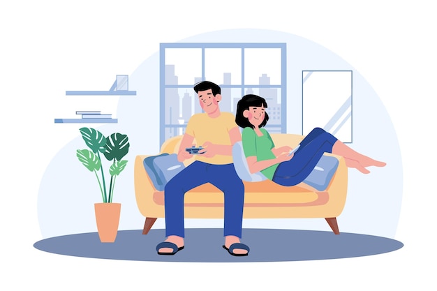 Junges Paar sitzt auf dem Sofa und spielt ein Spiel