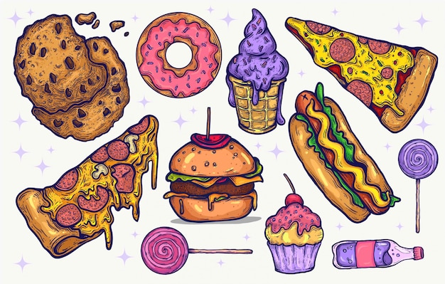 Junk Food und Süßigkeiten Süßigkeiten Hand gezeichnet isolierte Clipart-Elemente für Grafikdesign-Projekte. illustrierte köstliche Lebensmittelikonen und Süßigkeiten, kawaii Farben, helle zuckerhaltige Leckereien. Pizza-Burger.