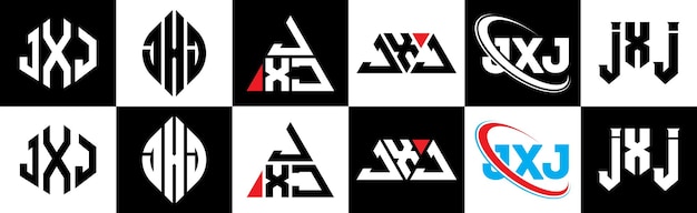 JXJ-Buchstaben-Logo-Design in sechs Stilen. JXJ-Polygon-Kreis-Dreieck-Sechseck-flacher und einfacher Stil mit schwarzen und weißen Farbvariationen. Buchstaben-Logo auf einer Zeichenfläche. JXJ-minimalistisches und klassisches Logo