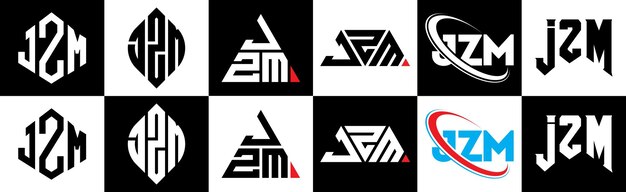 Jzm-buchstaben-logo-design in sechs stilen. jzm-polygon-kreis-dreieck-sechseck-flacher und einfacher stil mit schwarzen und weißen farbvariationen. buchstaben-logo auf einer zeichenfläche. jzm-minimalistisches und klassisches logo