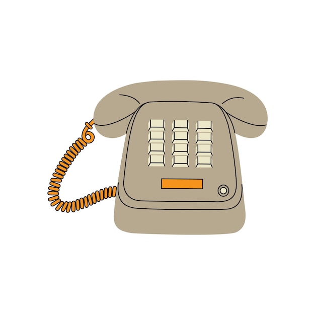 Kabelgebundenes retro-telefon mit tasten. klassisches kommunikationsgerät der 80er jahre. handgezeichnete vektorillustration