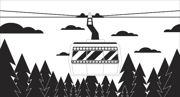 Vektor kabinenseilbahn über der waldskyline, schwarz-weiße lo-fi-chill-tapete