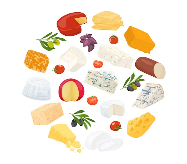 Käse flache runde Zusammensetzung mit verschiedenen Käsesorten ganz und in Stücke geschnitten Vektorillustration
