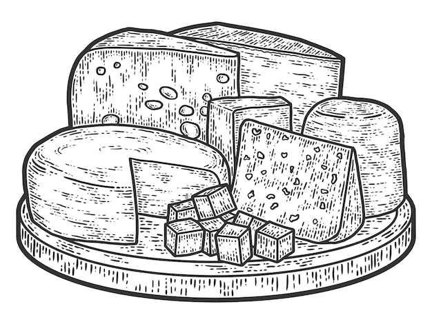 Vektor käseset auf platte alte stichnachahmung skizzenkratzbrettnachahmung
