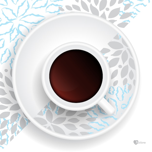 Vektor kaffee americano in einer weißen tasse draufsicht 3d illustration und blumenmuster