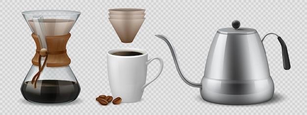 Kaffee aufbrühen. Realistische Glasflasche für alternative Espresso-Zubereitungsmethode, Teekanne aus Metall und Papierfilter. 3D-Barista-Ausrüstung für Haus und Café auf transparentem Hintergrundvektor lokalisiertem Satz