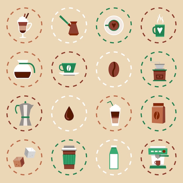 Kaffee flache icons set