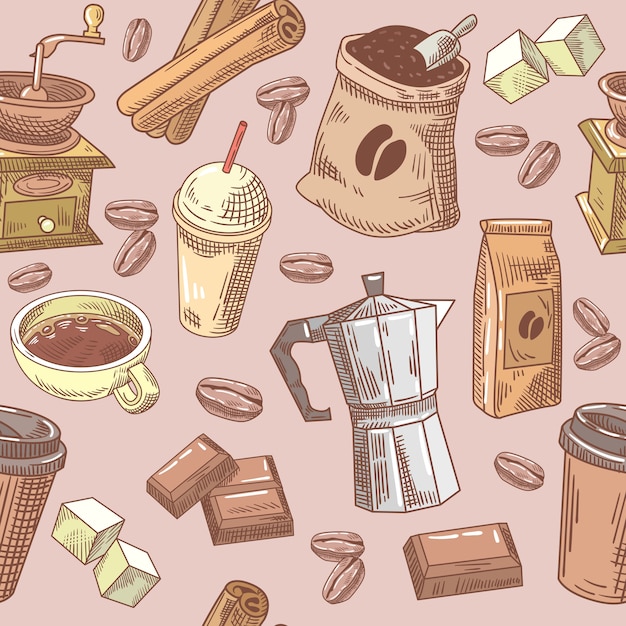 Kaffee Hand gezeichnet nahtlosen Hintergrund mit Bohnen