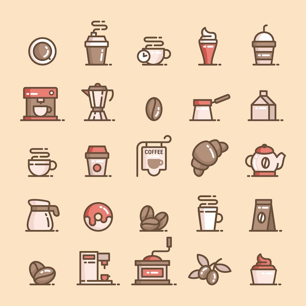 Kaffee icon set flaches design. dünne linie kaffee-icon-set