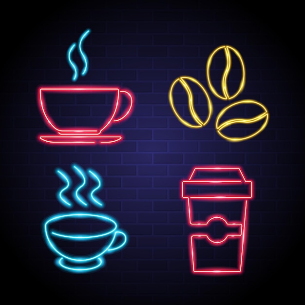 Kaffee-Icon-Set mit leuchtendem Element im Neon-Stil