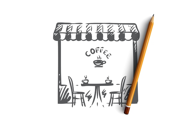 Vektor kaffee, laden, café, tasse, getränkekonzept. hand gezeichnetes symbol der stadtkaffeegeschäftskonzeptskizze. illustration.