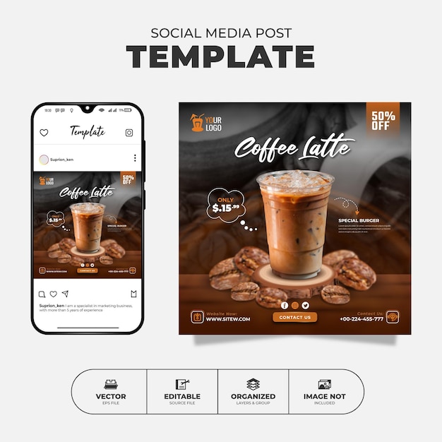 Kaffee latte social media instagram post, flyer und banner-vorlage