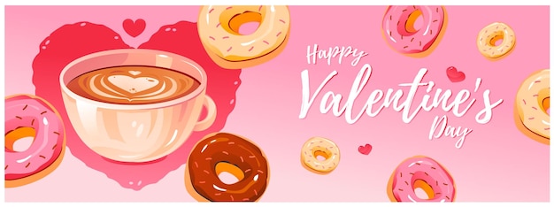 Kaffee mit schaumherz und donuts. nachtisch zum valentinstag. vorlage für ein webbanner