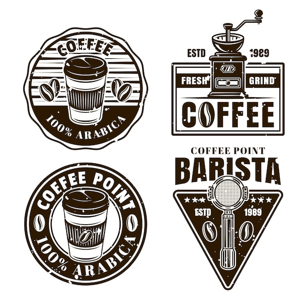 Kaffee-set von vektor-schwarz-weiß-emblemen, abzeichen, etiketten oder logos im vintage-stil