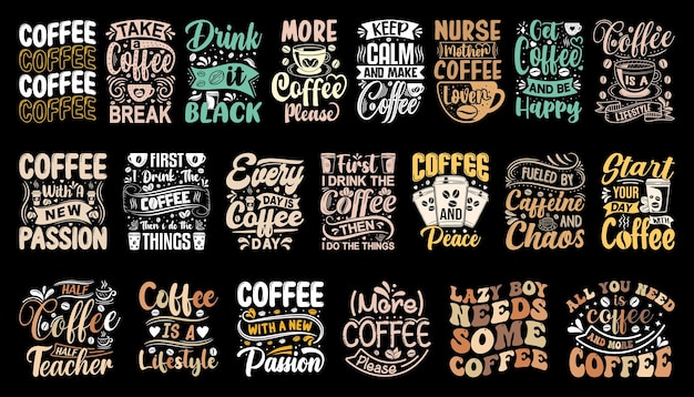 Kaffee-T-Shirt-Designpaket, Kaffee-T-Shirt-Vektorset, Kaffee-T-Shirt-Grafikillustration