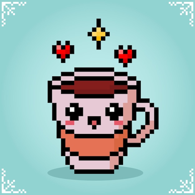 Vektor kaffee trinken mit kawaii-stil in 8-bit-pixelkunst für spiel-asset oder aufkleber