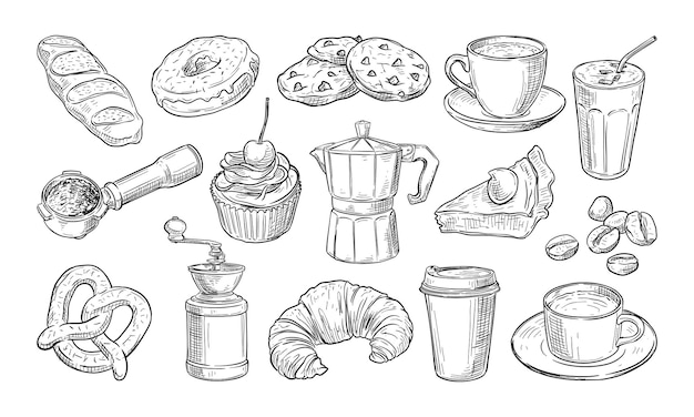 Kaffee- und Bäckereikollektion mit Handzeichnungen