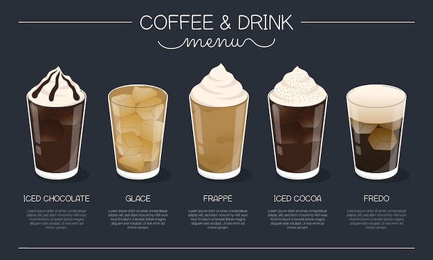 Kaffee- und getränkemenüillustration mit verschiedenen eiskaffee- und getränketypen auf marineblauhintergrund