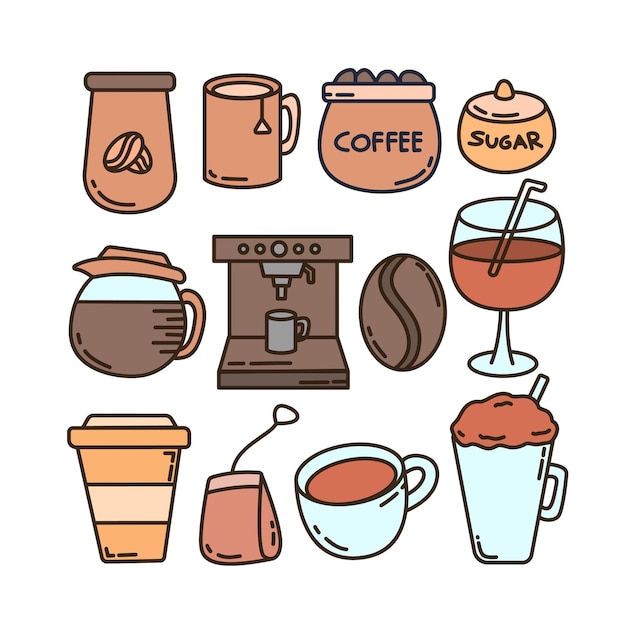 Vektor kaffee- und tee-cartoon-illustrationsset