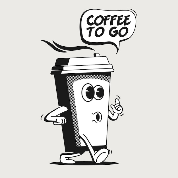 Kaffee zum Mitnehmen oder zum Mitnehmen Konzept mit Vintage Walking Cartoon Papier Kaffeetasse Charakter