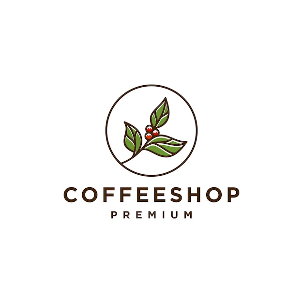 Kaffeebohnen-pflanzenzweig hipster minimaler logo-vektor mit blatt-einfachem linienumriss-symbol für natürlich