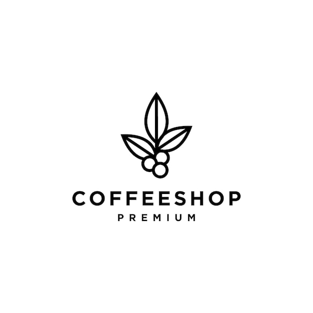 Kaffeebohnen-pflanzenzweig hipster minimaler logo-vektor mit blatt-einfachem linienumriss-symbol für natürlich