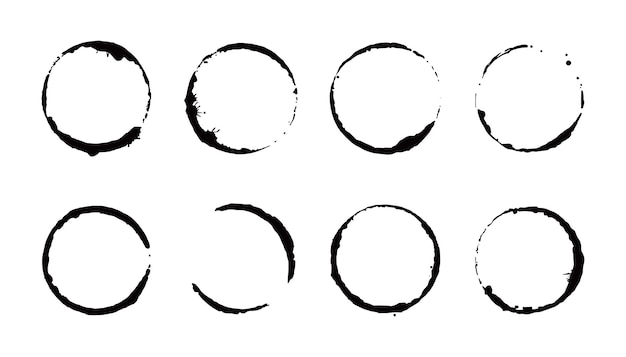 Kaffeefleckring-set. vektor-illustration. trinkfleckstempel mit runder form und spritzelement. kaffeetasse unterer kreiseffekt.