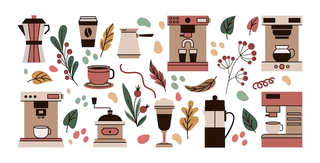 Kaffeegerät Kaffeewerkzeug Koffeineernte Warme Americano-Tasse Barista-Verpackung Cappuccino-Bereitstellung Ausrüstung Cezve und Latte-Glas Blätter und Beeren Vektor ordentliche Elemente Satz