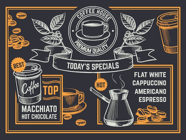 Kaffeekarte. vintage handgezeichnete coffeeshop flyer. plakat mit cappuccino und heißer schokolade