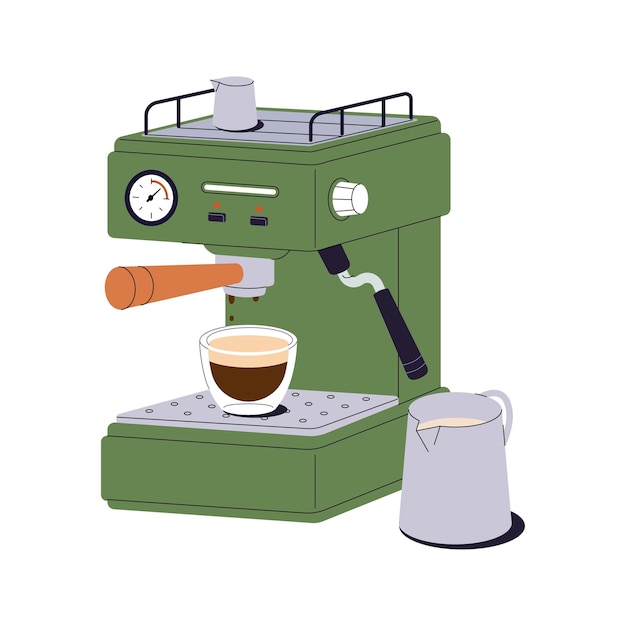 Kaffeemaschine mit Espresso-Ikonen Moderne Küchenutensilien zum Kochen heißer Getränke im Café Kaffeemacher mit Becher Gerät zur Zubereitung von Getränken Flache isolierte Vektorillustration auf Weiß