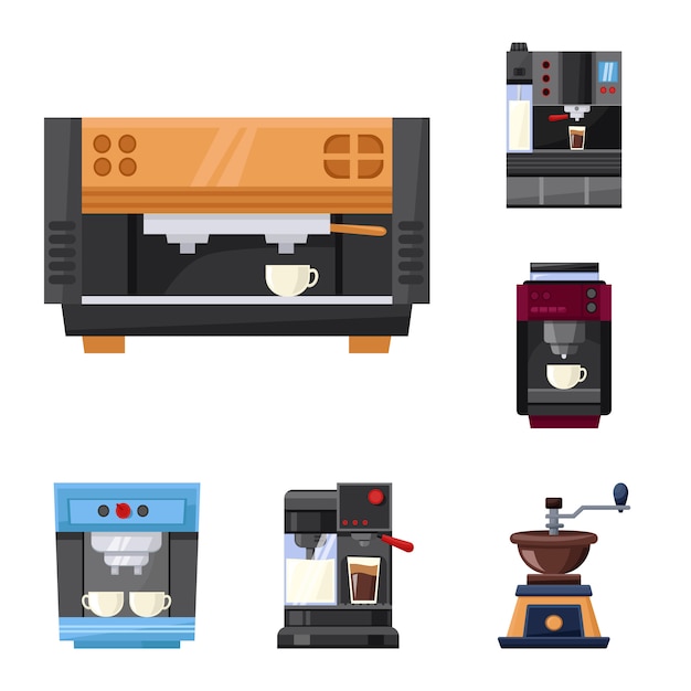 Kaffeemaschinenvektorkarikatur-ikonensatz vektor lokalisierte illustrationsmaschine für kaffee ikonensatz ausrüstung für café.
