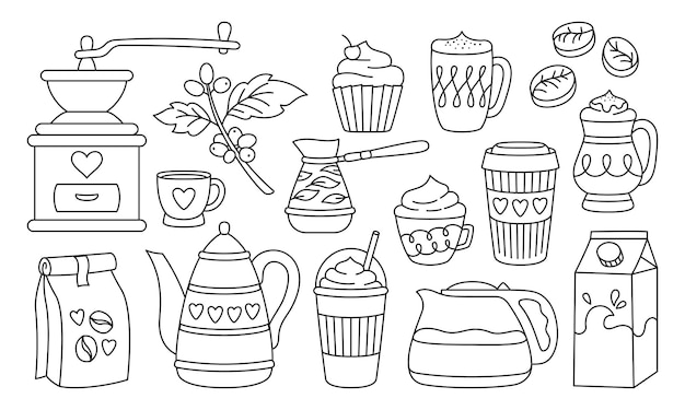 Kaffeetasse getränk bohnen cezve topf lineares set espressobecher muffin wasserkocher latte tassen zum mitnehmen doodle-menü